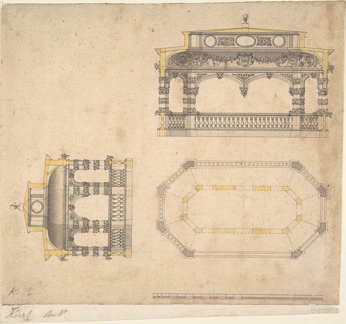 Design for a Bath in the Form of an Elongated Polygonal Temple, Plan and Two Elevations, Attributed to John Vardy (British, Durham baptised 1718–1765 London), Pen and ink, brush and wash 