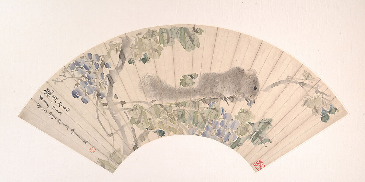 Squirrel and Grapes, Sha Fu (Chinese, 1831–1906), Folding fan mounted as an album leaf; ink and color on alum paper, China 