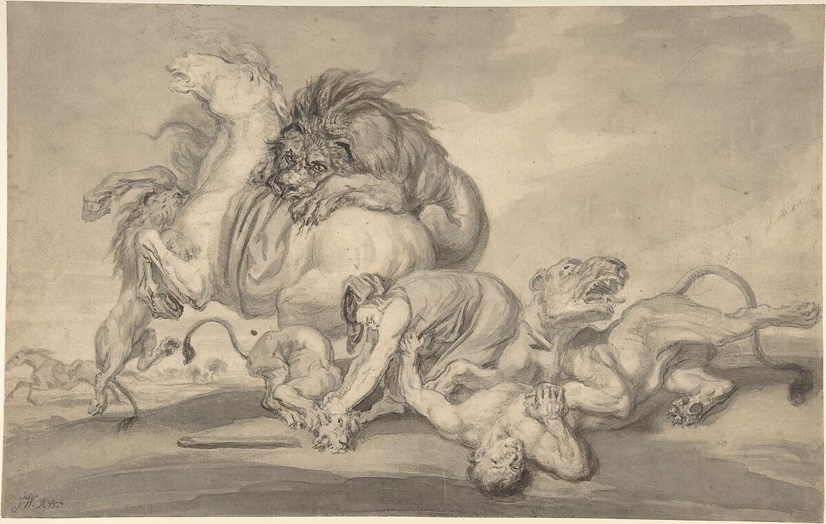 Lions Attacking Two Men and a Horse, Attributed to James Ward (British, London 1769–1859 Chestnut, Hertfordshire), Brush and black and gray wash, over black chalk 