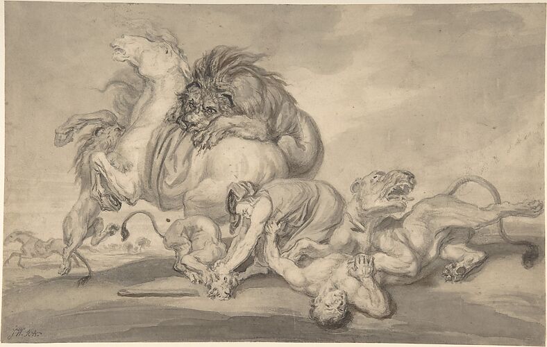 Lions Attacking Two Men and a Horse