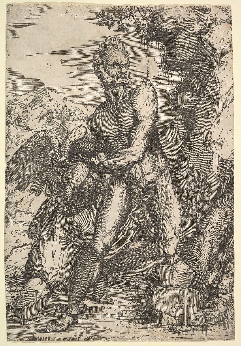 Prometheus, Sebastiano de&#39; Valentinis (Italian, active 1549–58), Etching with touches of drypoint 