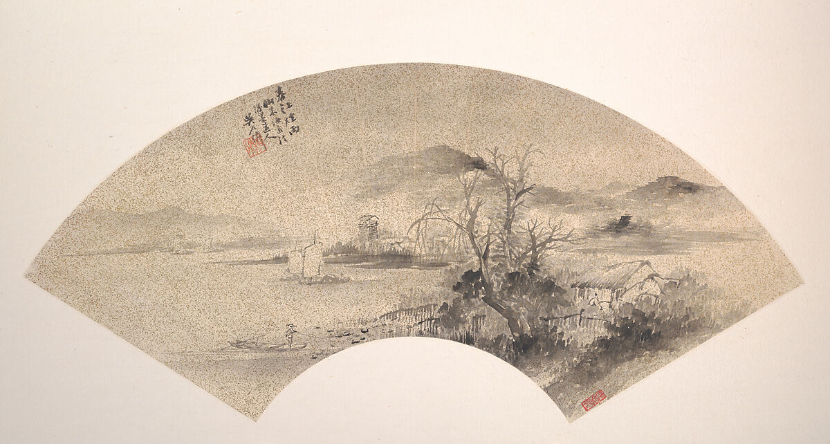 Misty Rain on the River in Spring, Wu Shixian (Chinese, died 1916), Folding fan mounted as an album leaf; ink on gold-flecked paper, China 