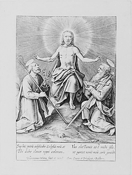 Christ Between Saints Peter and Paul, Hieronymus (Jerome) Wierix (Netherlandish, ca. 1553–1619 Antwerp), Engraving 