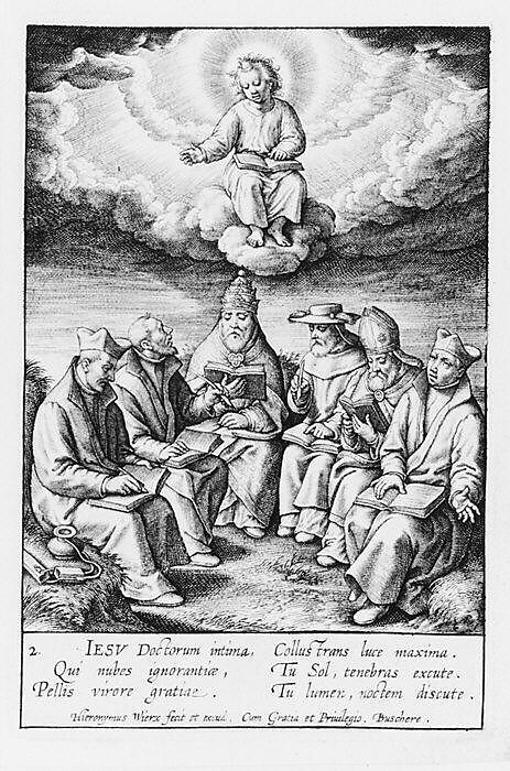 The child Jesus above a group of ecclesiastics, Hieronymus (Jerome) Wierix (Netherlandish, ca. 1553–1619 Antwerp), Engraving 