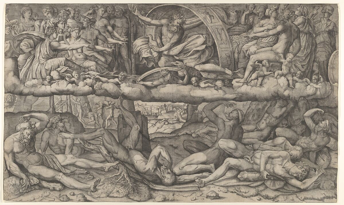 Fall of the Giants, Jupiter in the clouds overhead striking the Giants with lightning, Girolamo Fagiuoli (Italian, active Bologna, by 1539, died 1574 Bologna), Engraving 