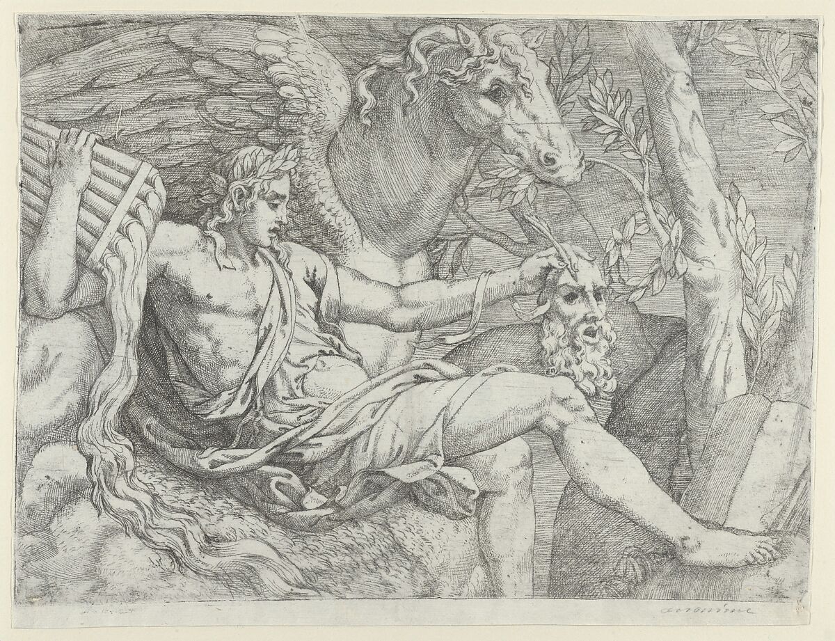 Apollo holding pipes in his right hand accompanied by Pegasus, Angiolo Falconetto (Italian, active ca. 1555–67), Etching 