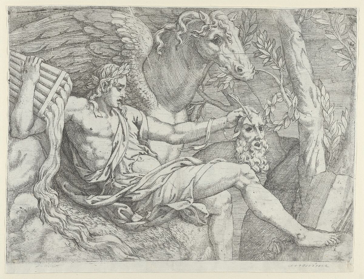 Apollo holding pipes in his right hand accompanied by Pegasus, Angiolo Falconetto  Italian, Etching