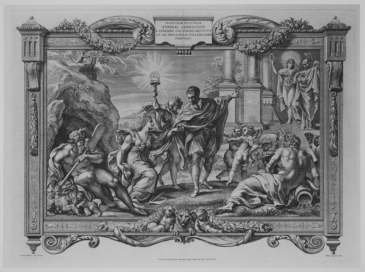 Annibale Carracci Introduces Painting to Apollo and Minerva, Pietro Aquila (Italian, Marsala, Sicily 1650–1692/1700 Rome), Etching and engraving