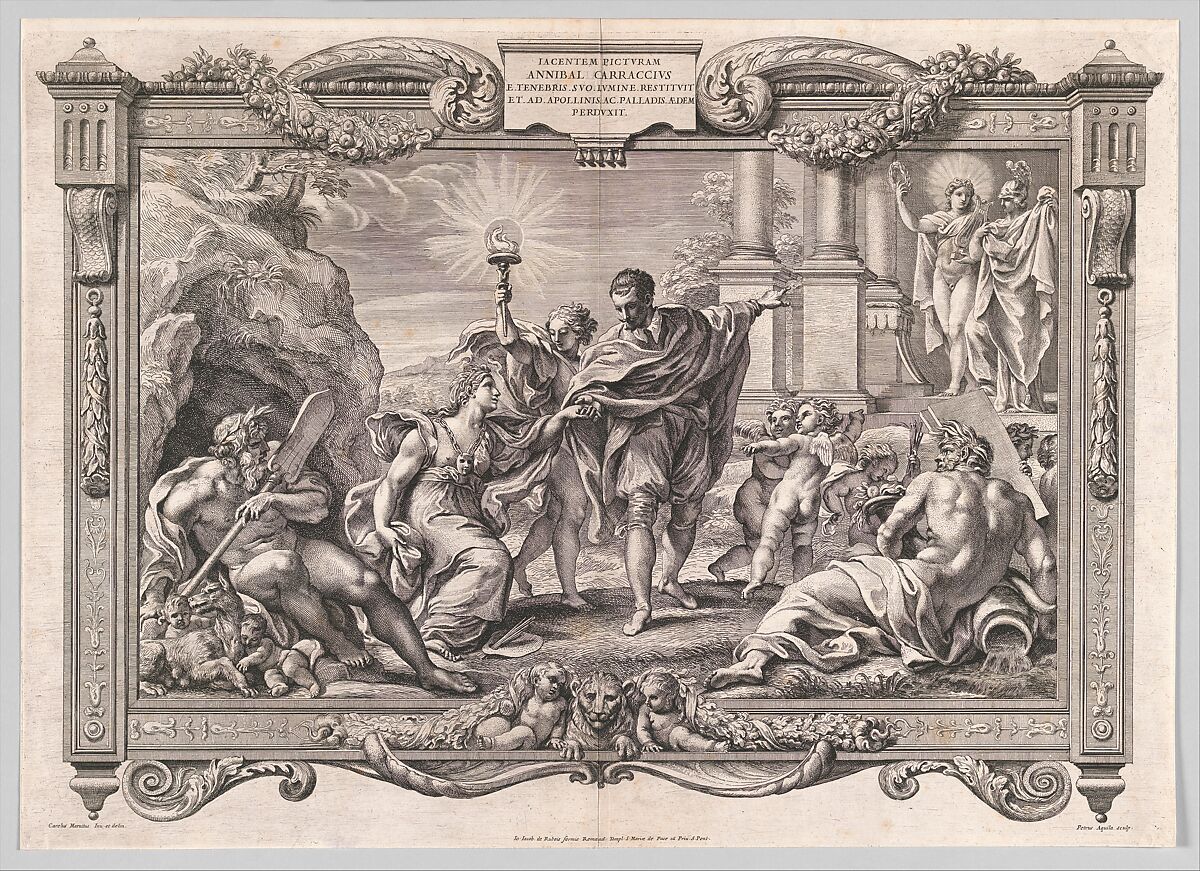 Annibale Carracci Introduces Painting to Apollo and Minerva, Pietro Aquila (Italian, Marsala, Sicily 1650–1692/1700 Rome), Etching and engraving 