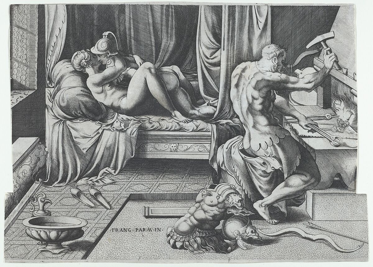 Venus and Mars Embracing as Vulcan Works at His Forge, Enea Vico (Italian, Parma 1523–1567 Ferrara), Engraving 