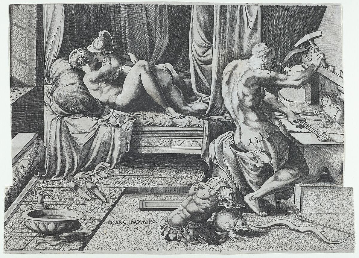 Venus and Mars Embracing as Vulcan Works at His Forge