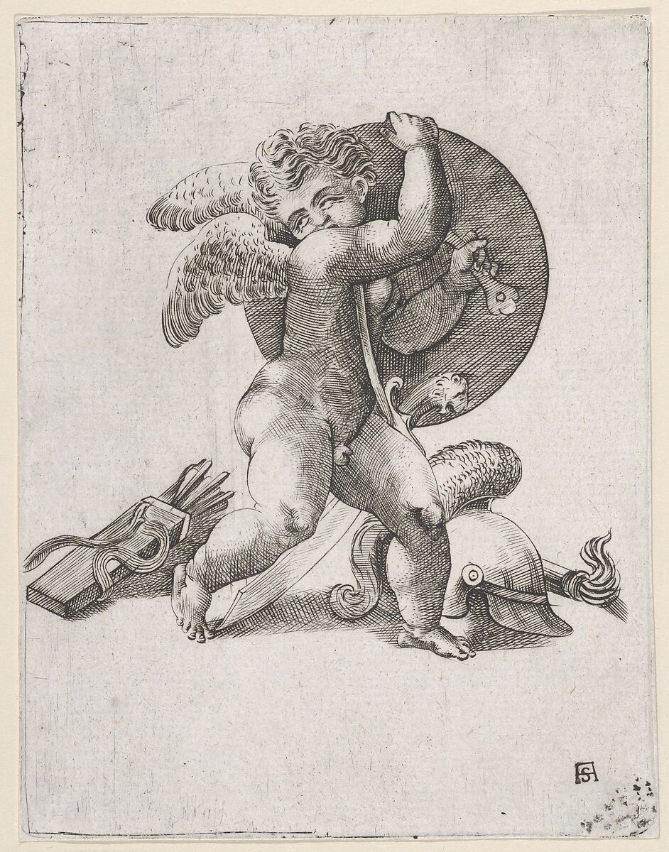 Cupid with Weapons of Mars, Adamo (Ghisi) Scultori (Italian, Mantua ca. 1530–1587 Rome), Engraving; first state 