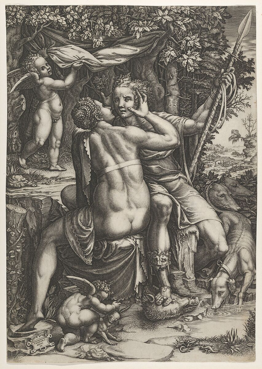 Venus and Adonis, Giorgio Ghisi (Italian, Mantua ca. 1520–1582 Mantua), Engraving 