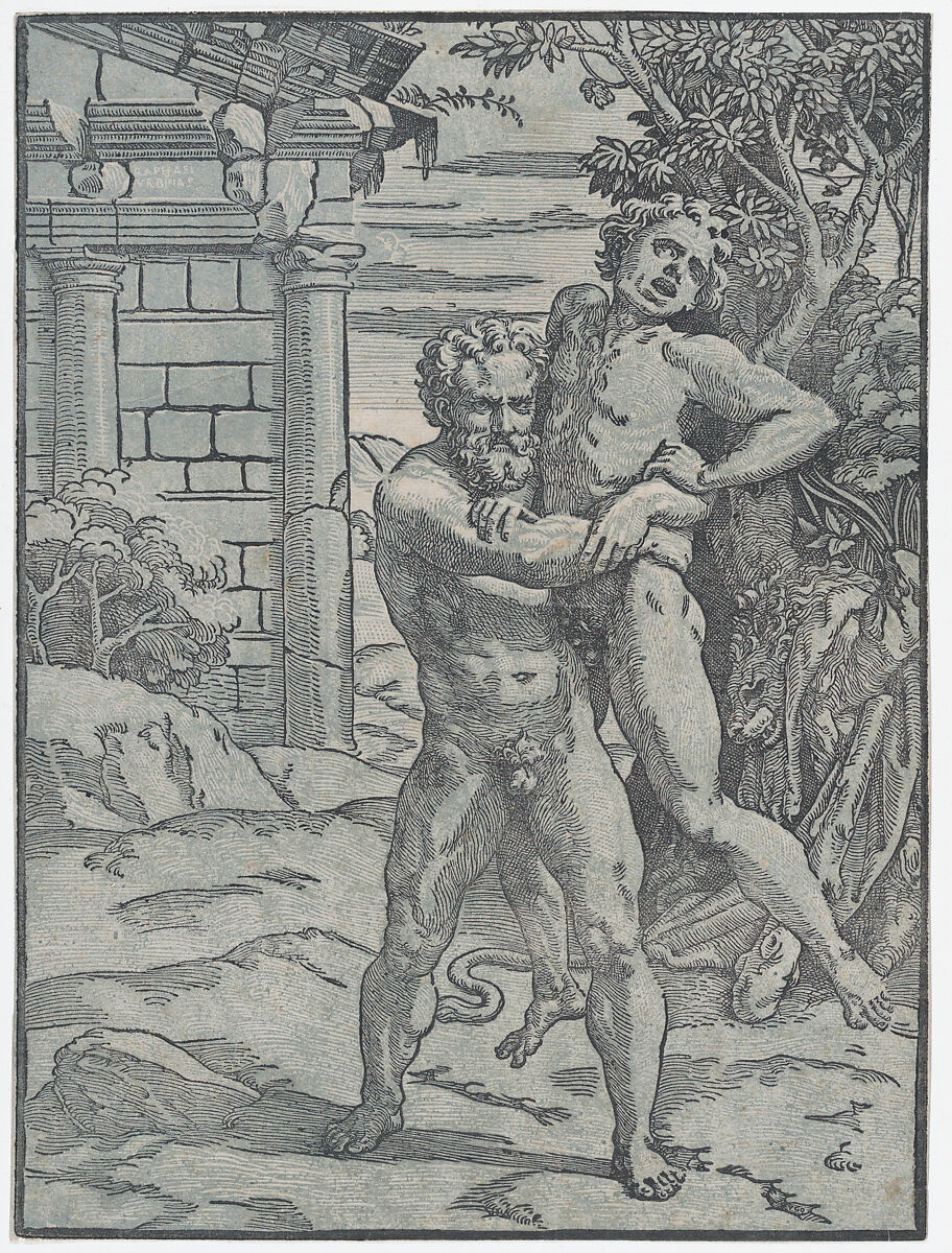 Hercules and Antaeus, Ugo da Carpi (Italian, Carpi ca. 1480–1532 Bologna), Chiaroscuro woodcut printed from two blocks in green-blue 
