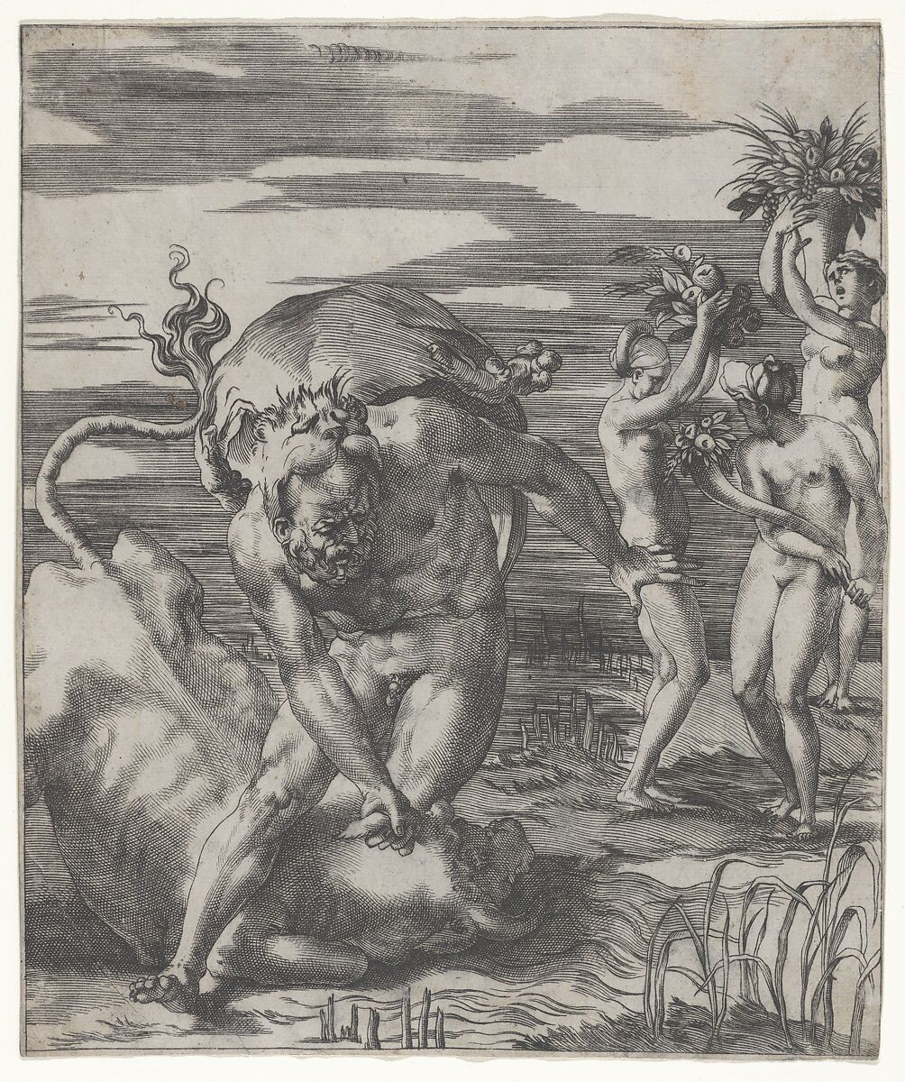 Hercules defeating the river god Acheolus in the form of a bull, with three women to his left holding cornucopias, from 