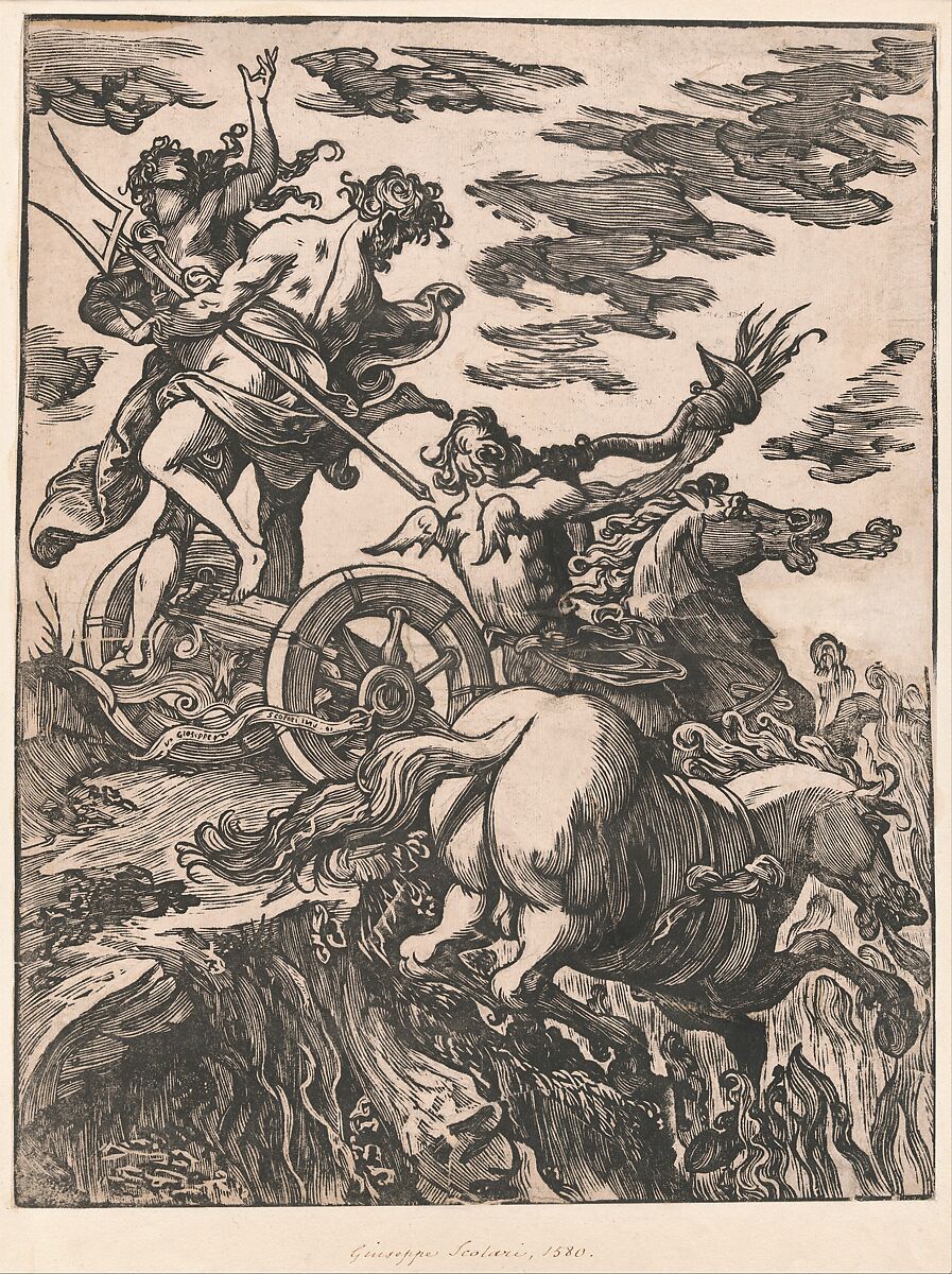 Rape of Persephone with Pluto on horseback at right, Giuseppe Scolari (Italian, active Venice, 1562–1607), Woodcut 