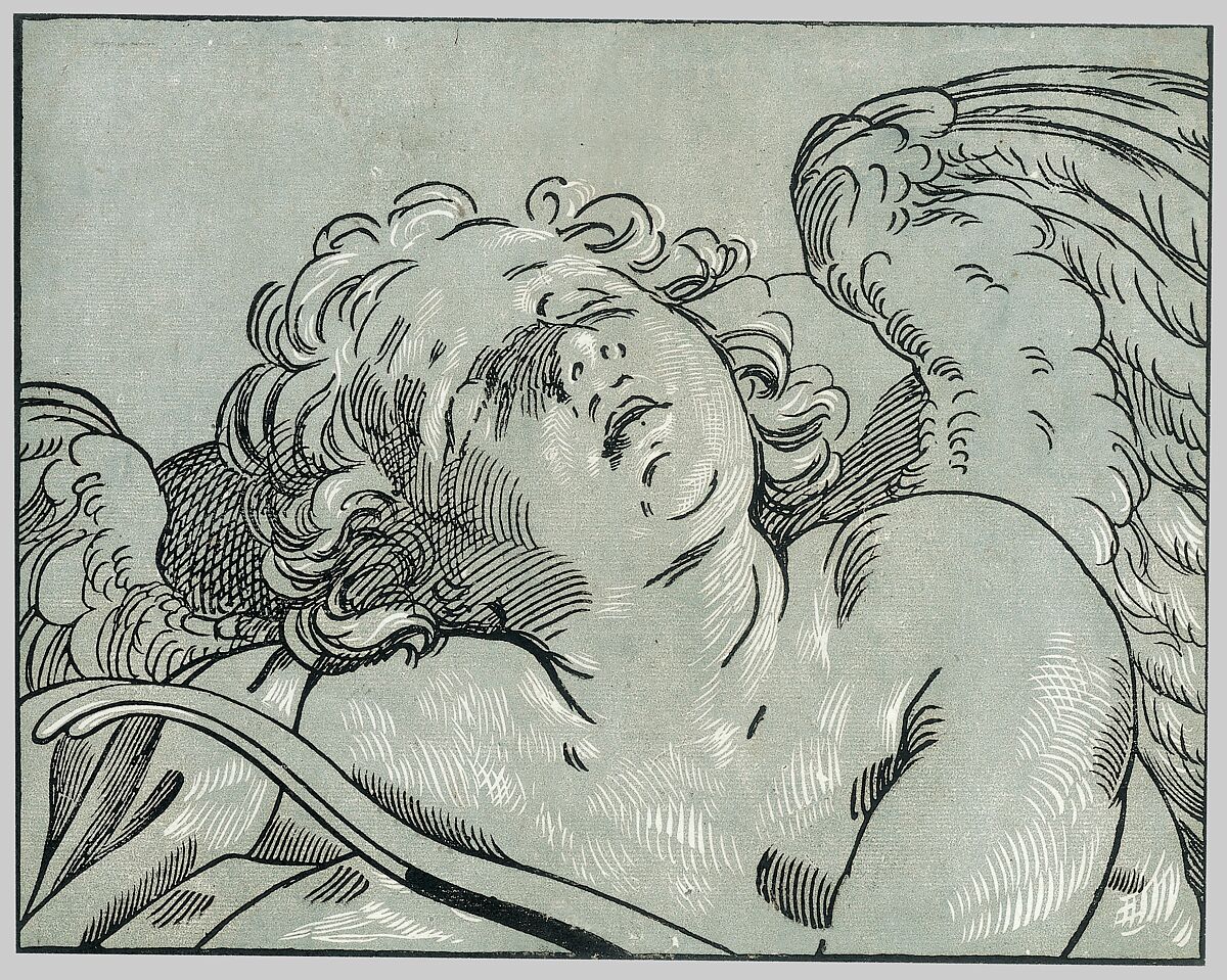 A sleeping cupid, Bartolomeo Coriolano (Italian, Bologna ca. 1599–ca. 1676 Bologna (?)), Chiaroscuro woodcut in blue-gray and black printed from two blocks 
