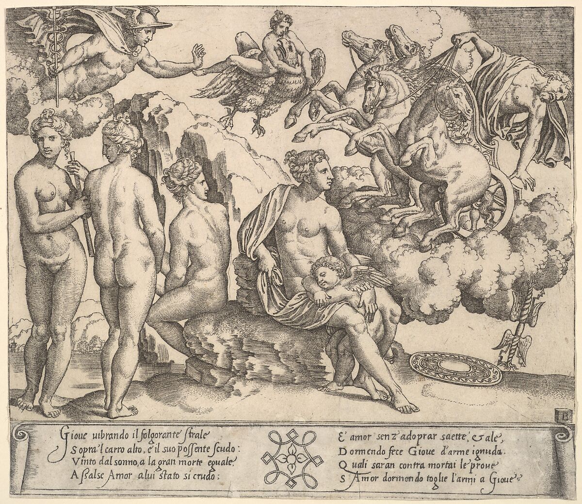 Jupiter tumbling from a horse-drawn carriage at right, Ganymede riding Jupiter's eagle upper center, below Venus and to her right, the three Graces, Master of the Die (Italian, active Rome, ca. 1530–60), Engraving 