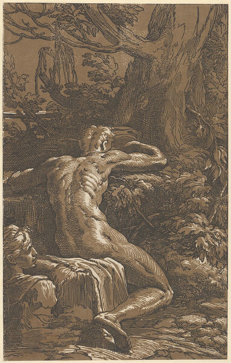 Man seated viewed from behind (Narcissus), Antonio da Trento (Italian, Trento 1520–1550 Bologna), Chiaroscuro woodcut printed from two blocks in brown 