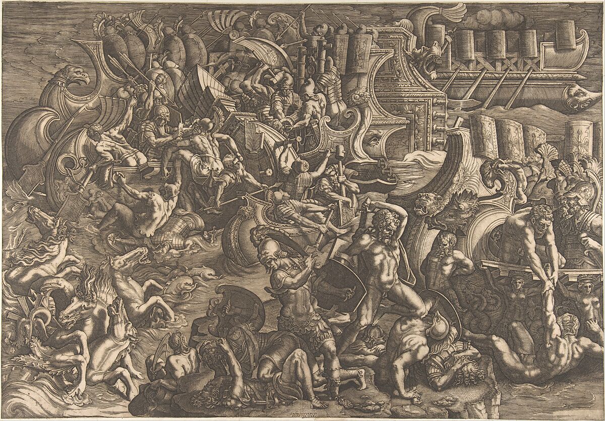 The Trojans repulsing the Greeks, Giovanni Battista Scultori (Italian, 1503–1575), Engraving 