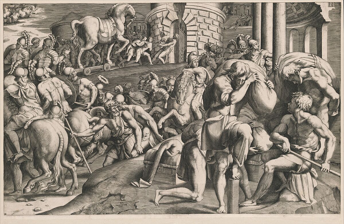 The Trojans pulling the wooden horse into the city, Giulio Bonasone (Italian, active Rome and Bologna, 1531–after 1576), Engraving 