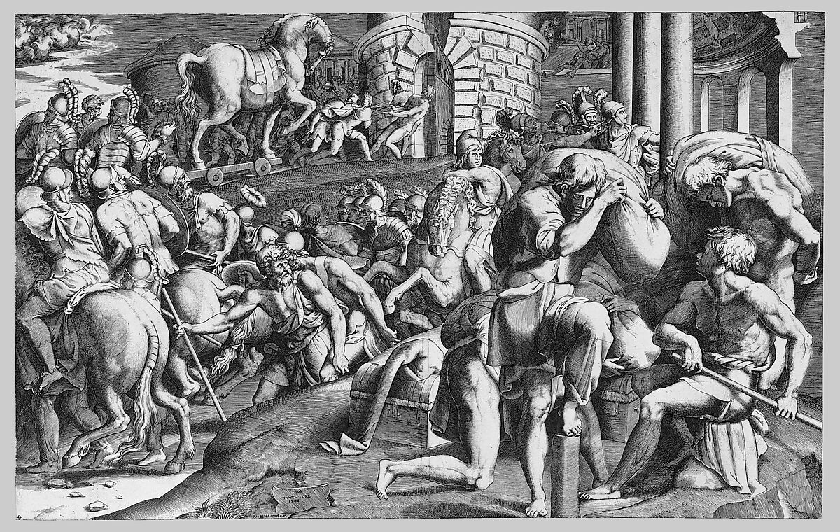 The Trojans pulling the wooden horse into the city, Giulio Bonasone (Italian, active Rome and Bologna, 1531–after 1576), Engraving