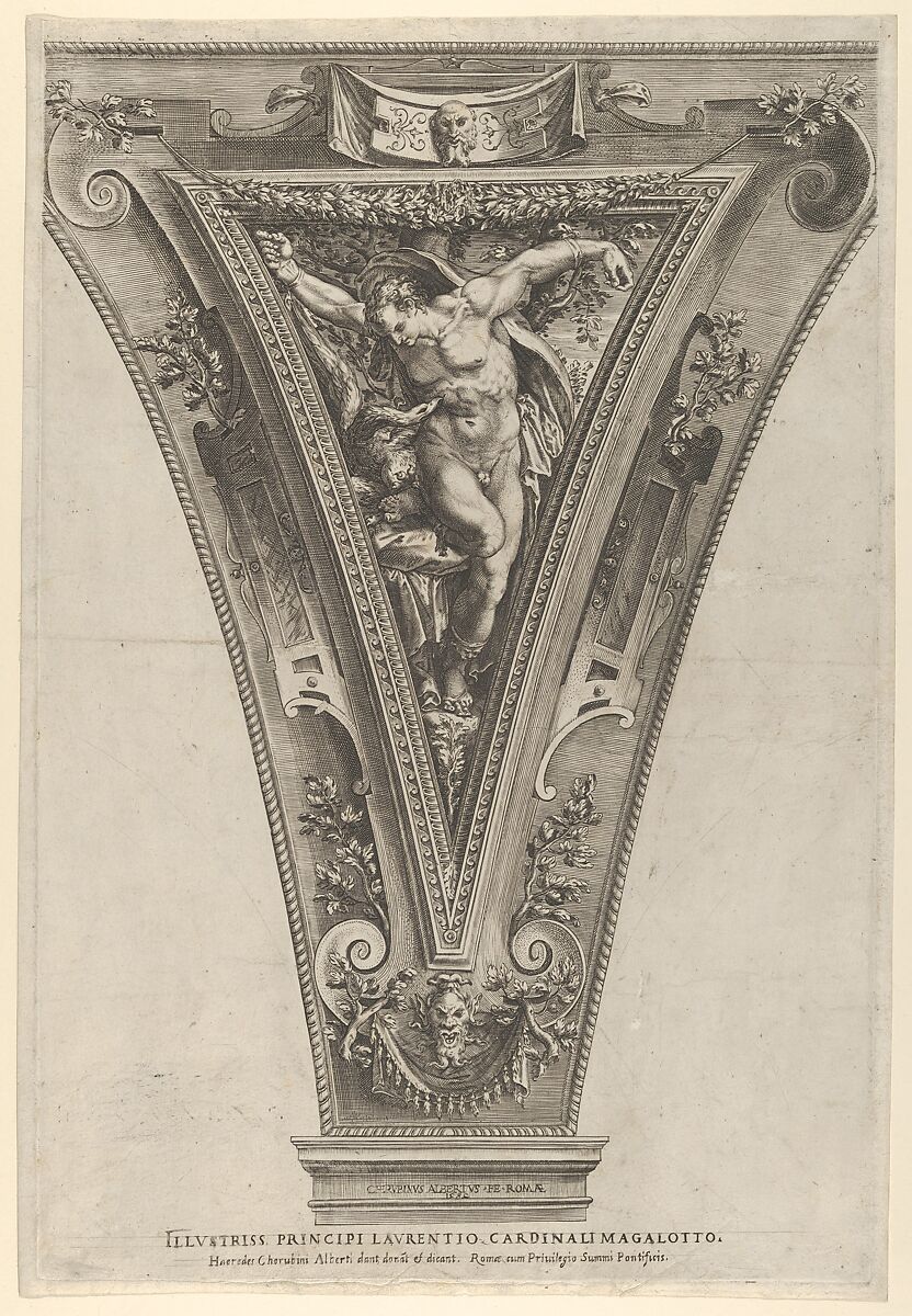 Torture of Prometheus set within a cornice, Cherubino Alberti (Zaccaria Mattia) (Italian, Borgo Sansepolcro 1553–1615 Rome), Engraving 