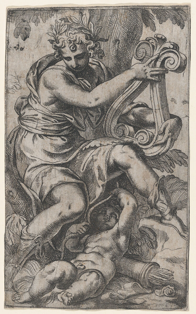 Cupid and Apollo with a lyre, Paolo Farinati (Italian, Verona 1524–1606 Verona), Etching; first state of two 
