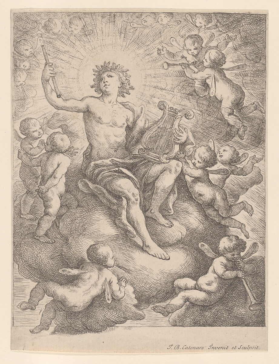 Apollo, seated on a cloud and holding a lyre and pipe, surrounded by putti, Giovanni Battista Catenaro (Italian, active Spain and England, 1692–1727), Etching 