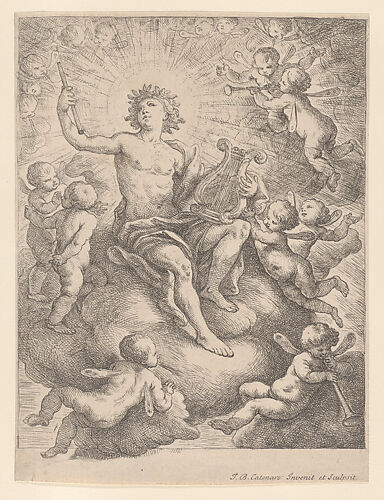 Apollo, seated on a cloud and holding a lyre and pipe, surrounded by putti