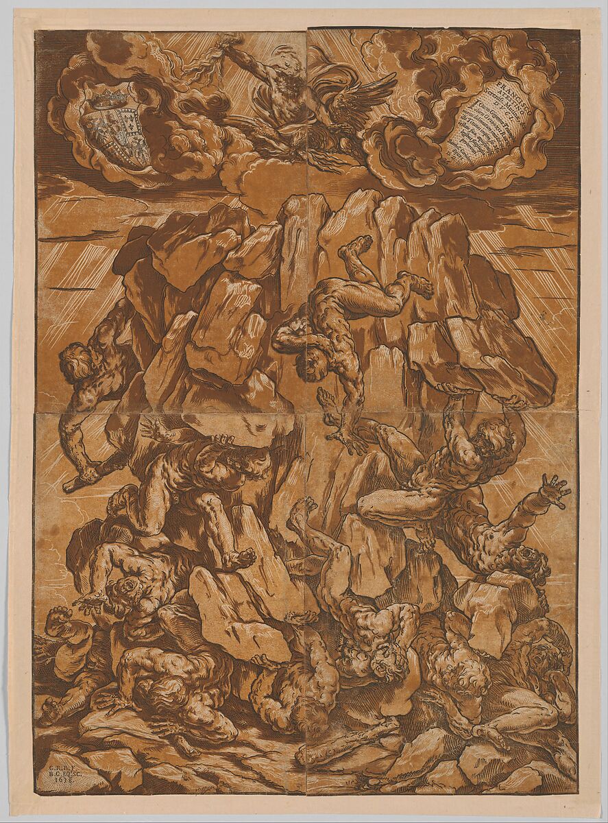 Fall of the Giants, Bartolomeo Coriolano (Italian, Bologna ca. 1599–ca. 1676 Bologna (?)), Chiaroscuro woodcut from three blocks, printed on four sheets 