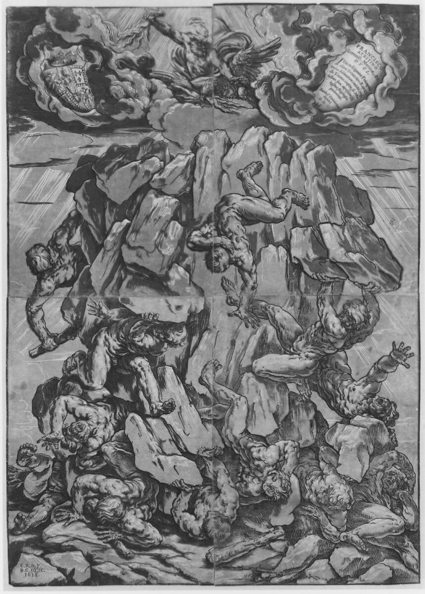 Fall of the Giants, Bartolomeo Coriolano (Italian, Bologna ca. 1599–ca. 1676 Bologna (?)), Chiaroscuro woodcut from three blocks, printed on four sheets