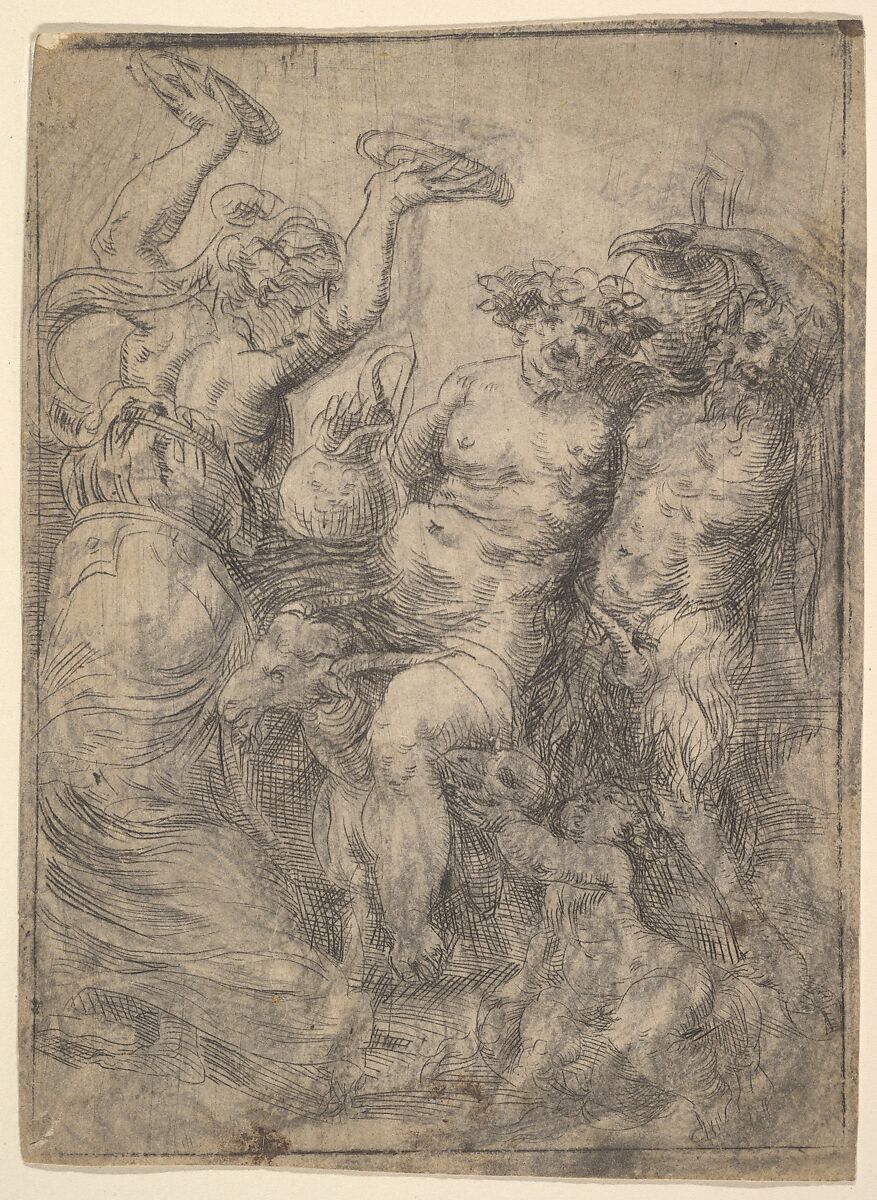 Bacchic revel with Silenus in the centre riding a goat, Andrea Schiavone (Andrea Meldola) (Italian, Zadar (Zara) ca. 1510?–1563 Venice), Etching with plate tone 