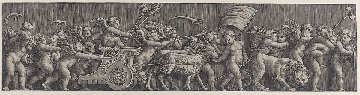 A frieze arrangement depcting the Triumph of Love; Cupid in a Chariot led by goats, many other putti filling the composition, Master of the Die (Italian, active Rome, ca. 1530–60), Engraving