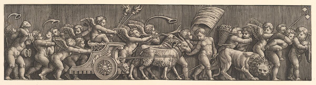 A frieze arrangement depcting the Triumph of Love; Cupid in a Chariot led by goats, many other putti filling the composition, Master of the Die (Italian, active Rome, ca. 1530–60), Engraving 