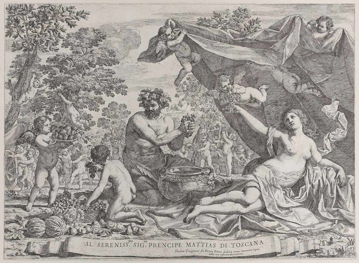 Garden of Venus with Bacchus Squeezing Grapes, Giacinto Gimignani (Italian, Pistoia 1606–1681 Rome), Etching 