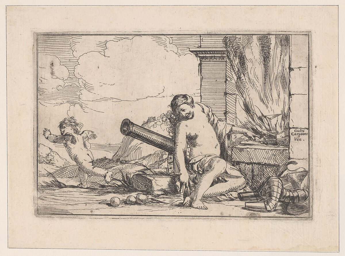 Fire, represented by Venus seated before Vulcan's forge, with armor, a cannon, and cannon balls surrounding her, she turns her head toward Cupid, who stretches his body away from her, from "The Elements", Giulio Carpioni (Italian, Venice 1613–1678 Venice), Etching 