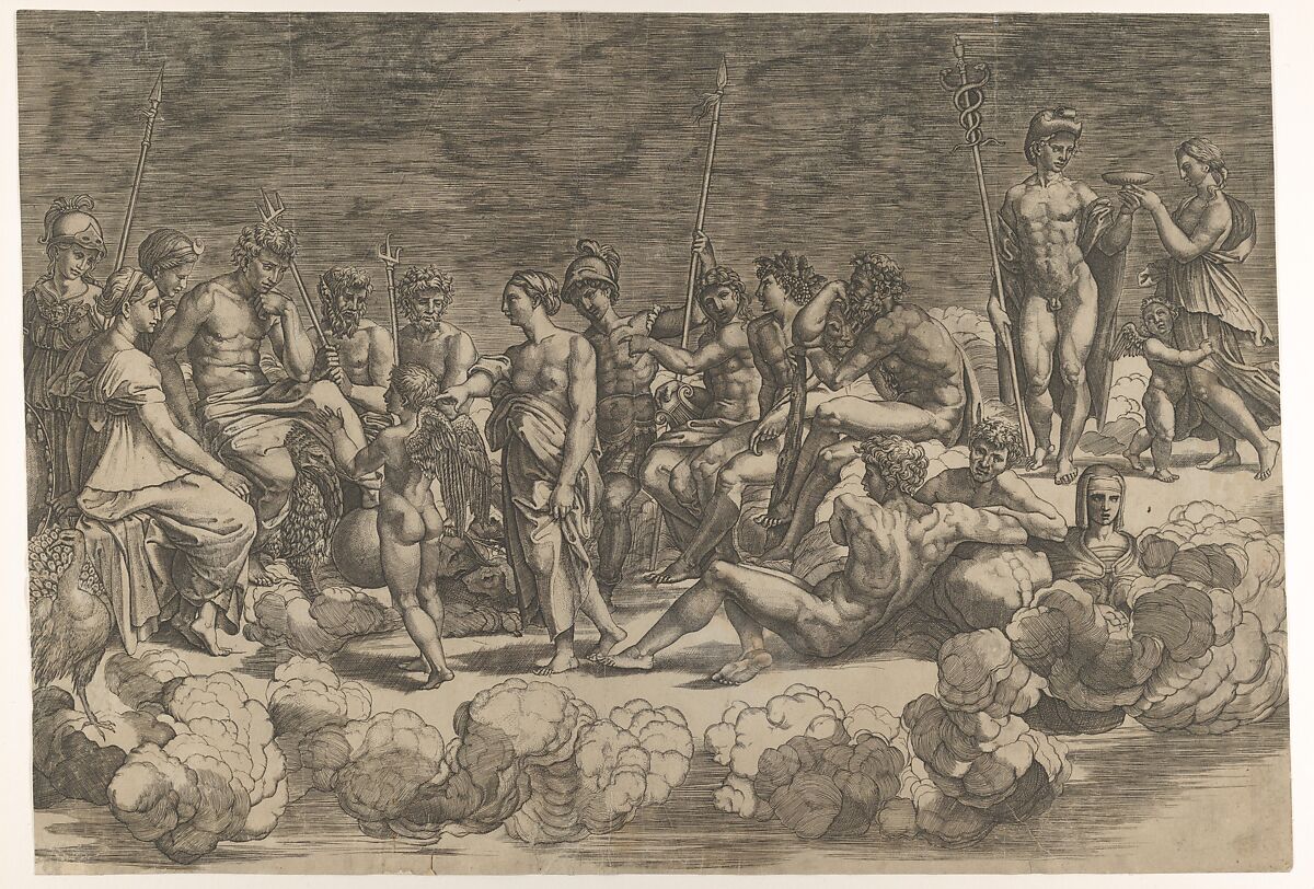 Assembly of the Gods after the ceiling composition in the Loggia di Psiche, Villa Farnesina, Rome, Giovanni Jacopo Caraglio (Italian, Parma or Verona ca. 1500/1505–1565 Krakow (?)), Engraving; first state of two 