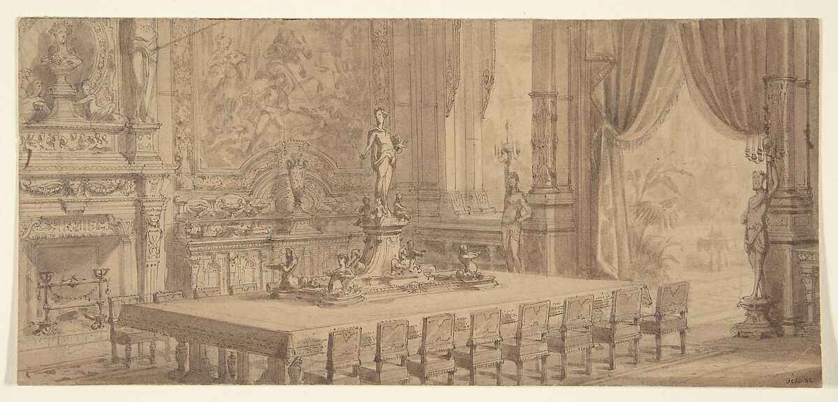 Architectural Interior, Anonymous, French, 19th century, Pen and brown ink, brush and brown wash, and graphite 