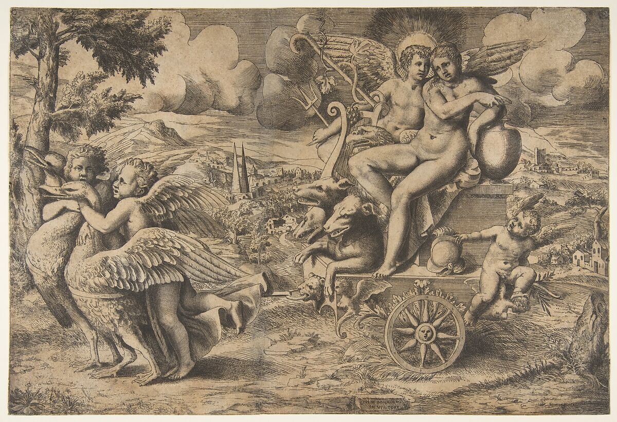 The triumph of Cupid and Psyche who are seated on a chariot drawn by two birds restrained by children, Giulio Bonasone (Italian, active Rome and Bologna, 1531–after 1576), Etching with engraving 