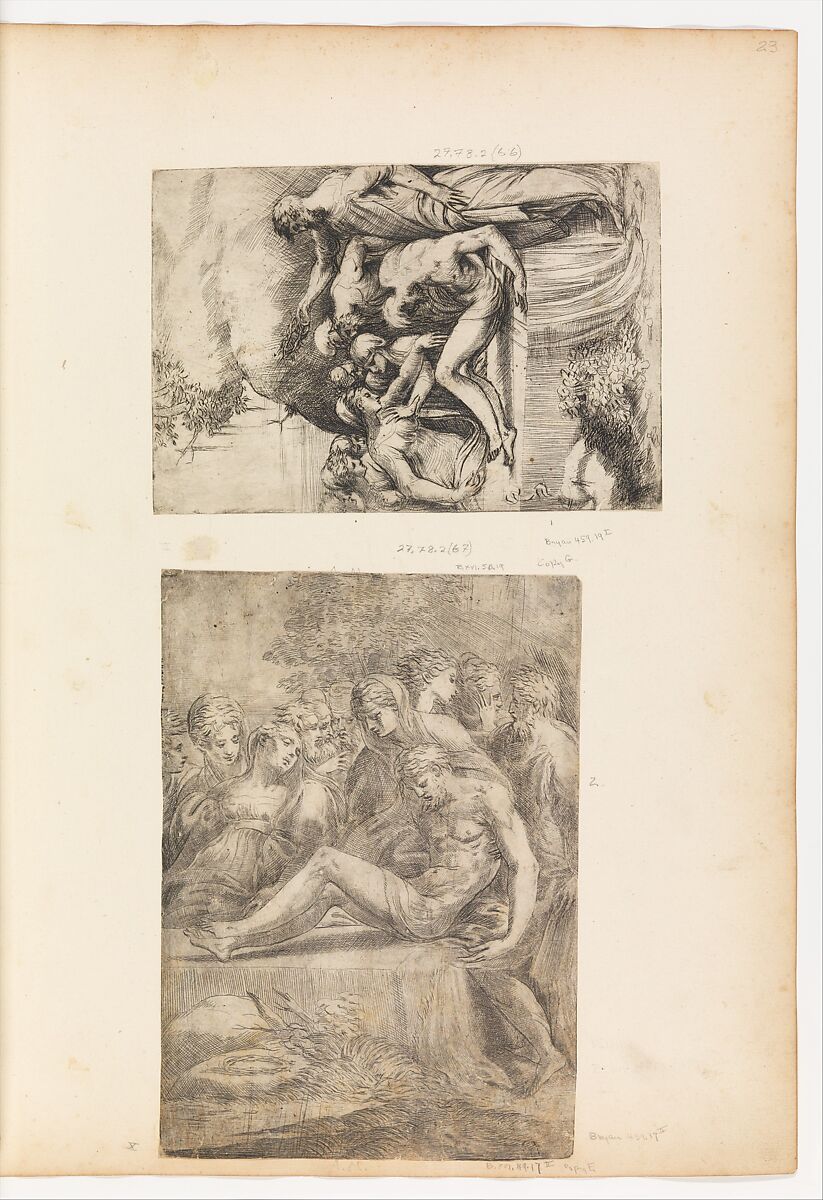 The Lamentation over the Dead Christ, Andrea Schiavone (Andrea Meldola) (Italian, Zadar (Zara) ca. 1510?–1563 Venice), Etching and drypoint 