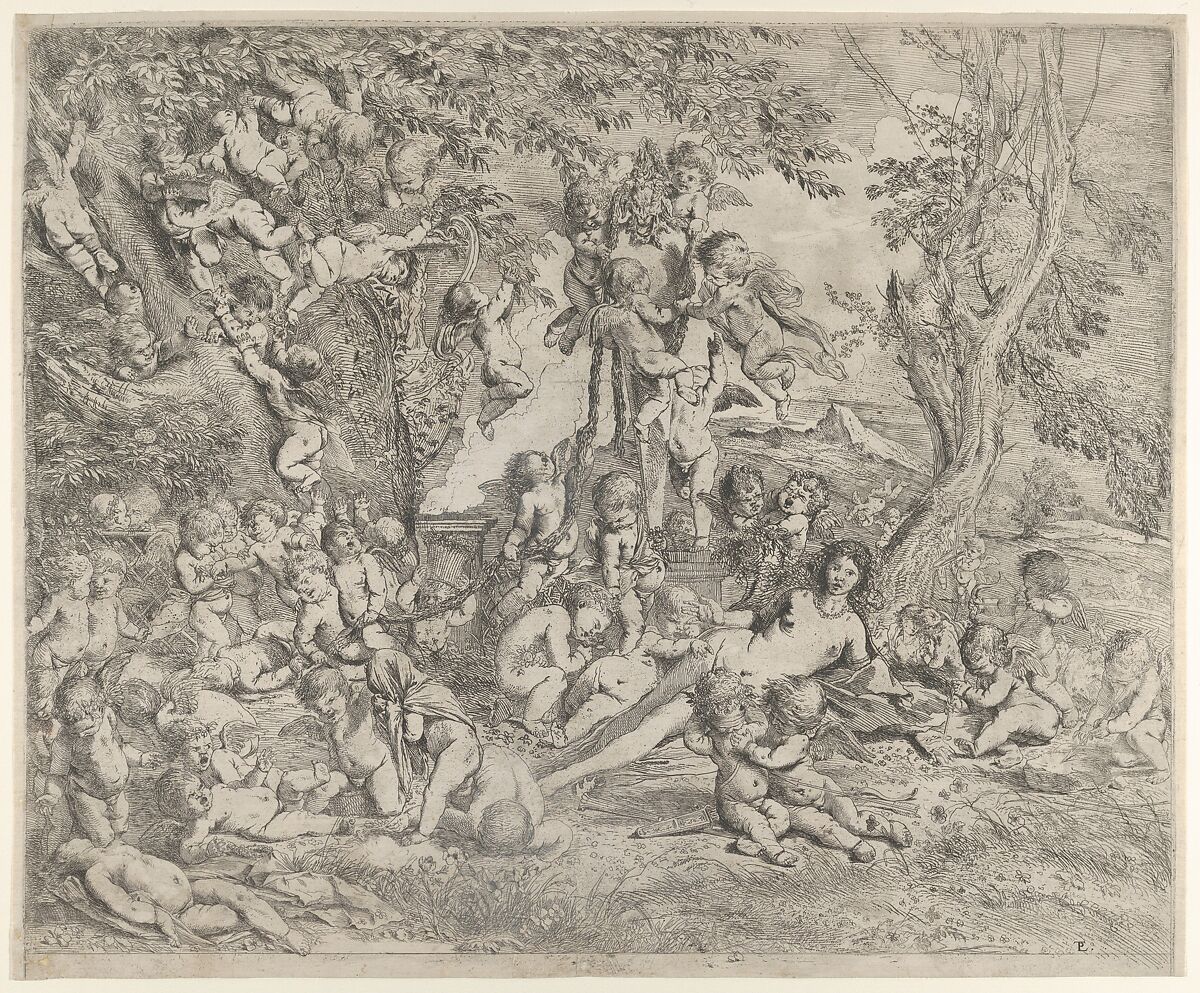 The Garden of Venus who reclines in the centre before a term of Pan and surrounded by cupids, Pietro Testa (Italian, Lucca 1612–1650 Rome), Etching 