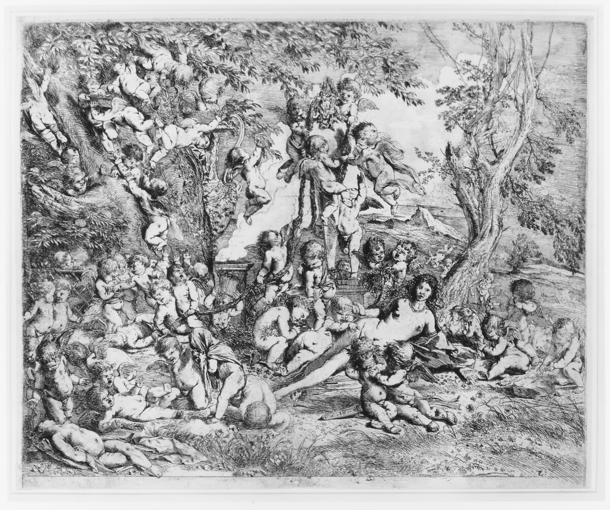 The Garden of Venus who reclines in the centre before a term of Pan and surrounded by cupids, Pietro Testa (Italian, Lucca 1612–1650 Rome), Etching