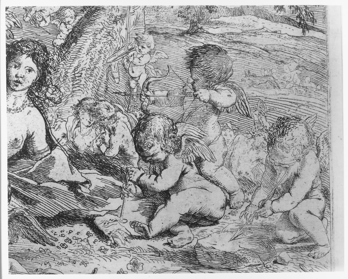 The Garden of Venus who reclines in the centre before a term of Pan and surrounded by cupids, Pietro Testa (Italian, Lucca 1612–1650 Rome), Etching