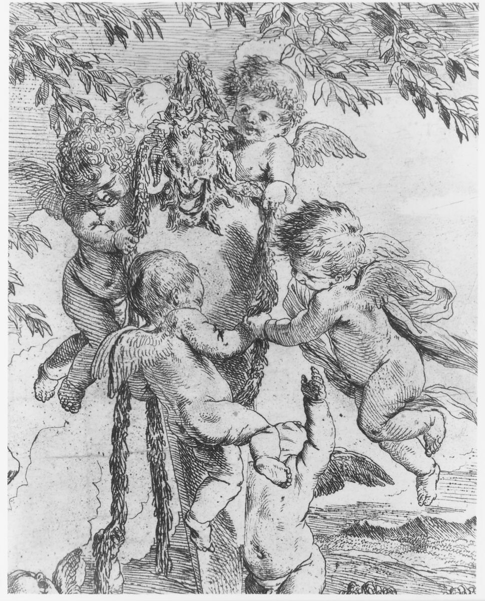 The Garden of Venus who reclines in the centre before a term of Pan and surrounded by cupids, Pietro Testa (Italian, Lucca 1612–1650 Rome), Etching