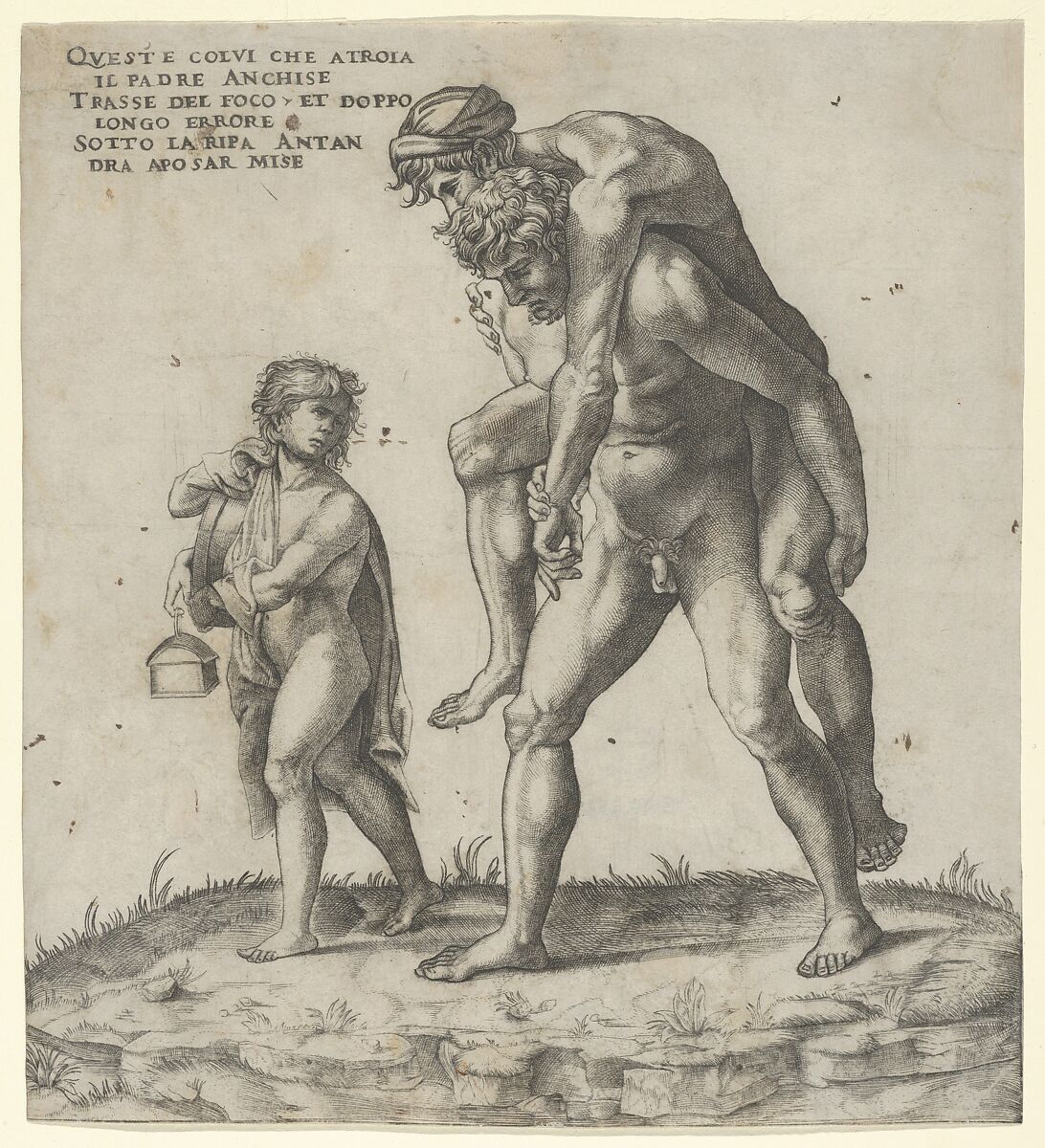 Aeneas rescuing Anchises, a young boy carrying a lantern at left, Giovanni Jacopo Caraglio (Italian, Parma or Verona ca. 1500/1505–1565 Krakow (?)), Engraving 