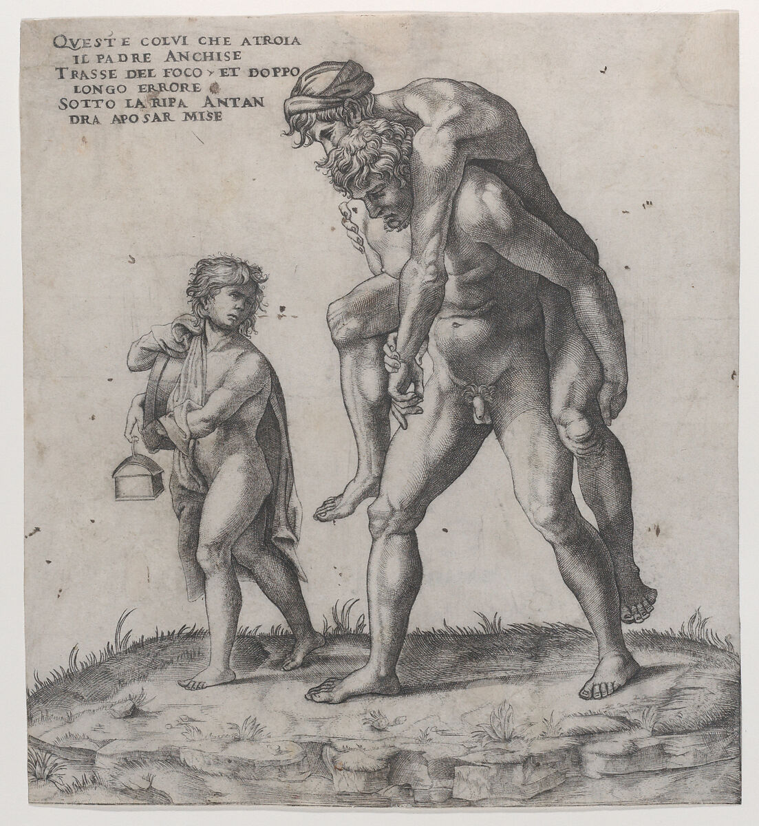 Aeneas rescuing Anchises, a young boy carrying a lantern at left, Giovanni Jacopo Caraglio (Italian, Parma or Verona ca. 1500/1505–1565 Krakow (?)), Engraving