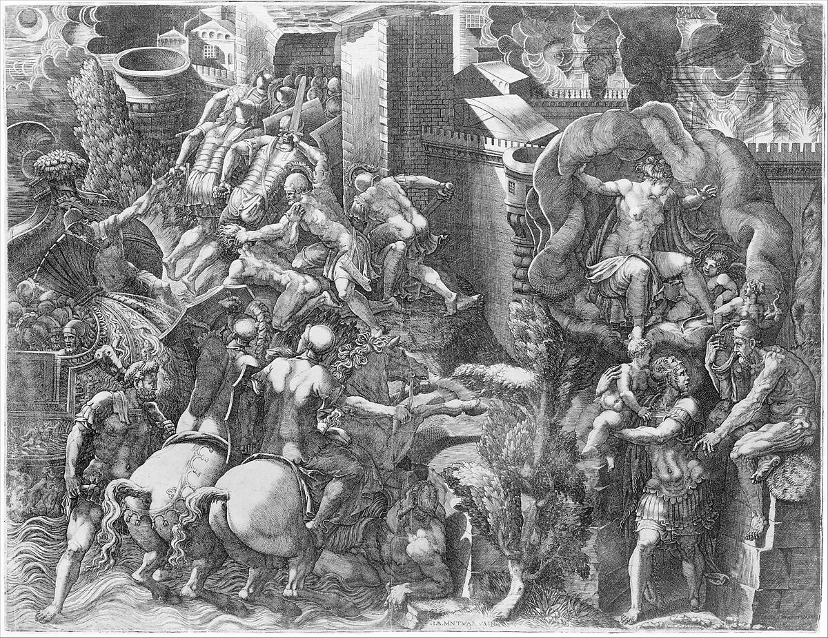 The Fall of Troy and Escape of Aeneas, Giorgio Ghisi (Italian, Mantua ca. 1520–1582 Mantua), Engraving; first state of five (BLL)