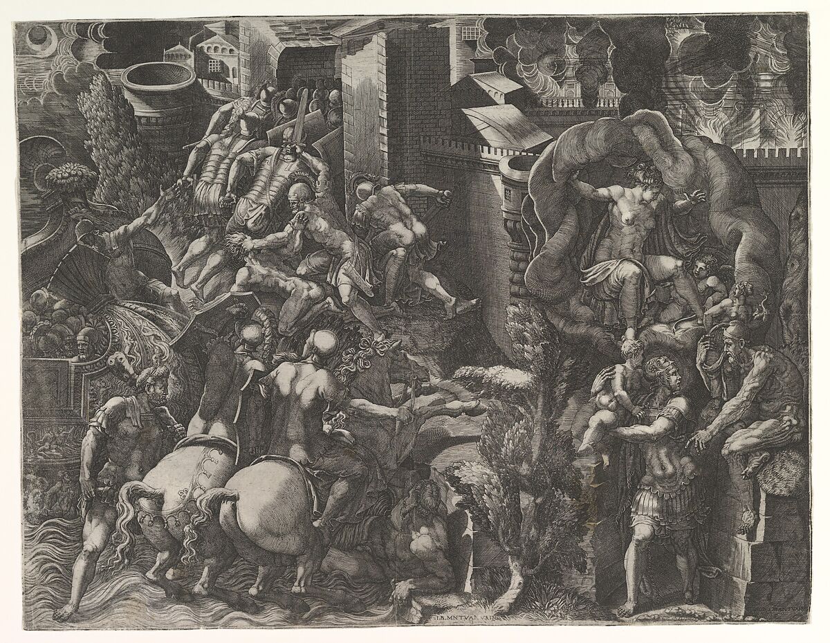 The Fall of Troy and Escape of Aeneas, Giorgio Ghisi (Italian, Mantua ca. 1520–1582 Mantua), Engraving; first state of five (BLL) 