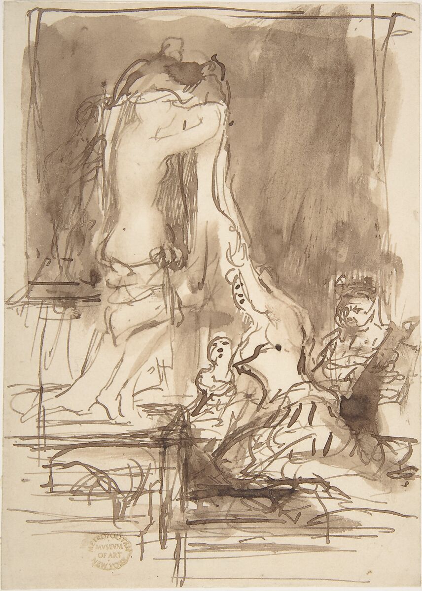 Study for "The Bride at Her Toilet on the Day of Her Wedding", Sir David Wilkie (British, Cults, Scotland 1785–1841 off Gibraltar), Pen and brown ink, brush and brown wash 